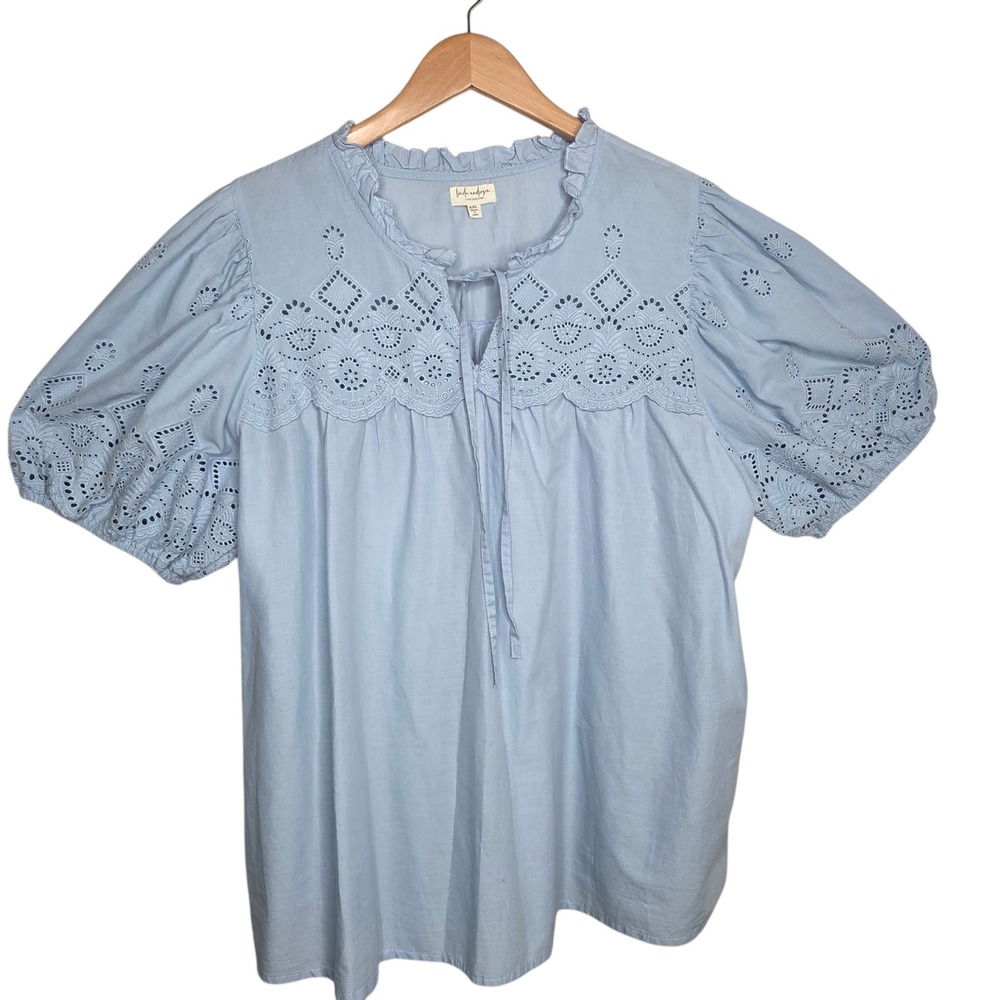 Linda Anderson Women Blue Cotton Eyelet Puff Sleeve Blouse XXL Boho Cottagecore